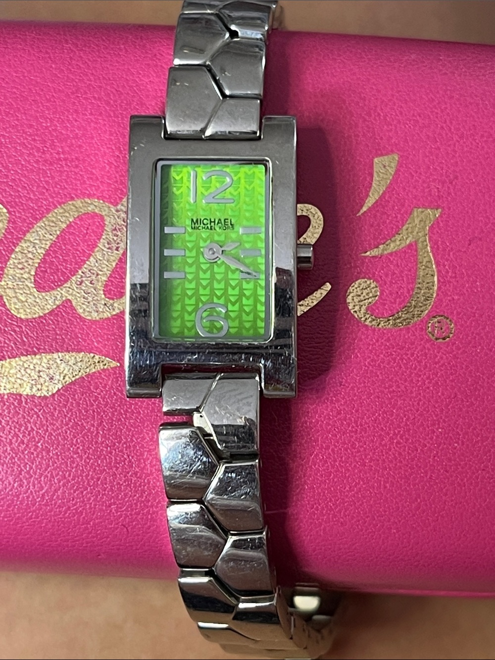 Michael Kors Silver-Tone Bracelet Watch with Neon Green Patterned Dial